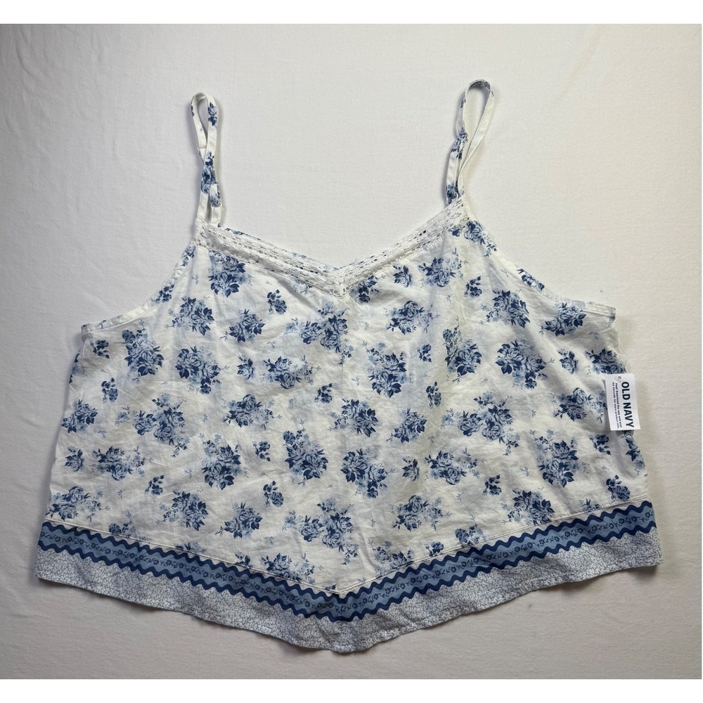 Old Navy Blue Floral Cami Tank Top XL White Floral Lace Trim 896978-00-1-2642